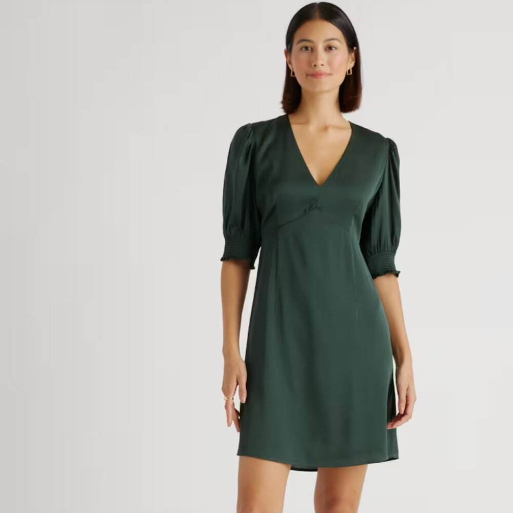 Washable Stretch Silk Puff Sleeve Mini Dress - Forest Green
